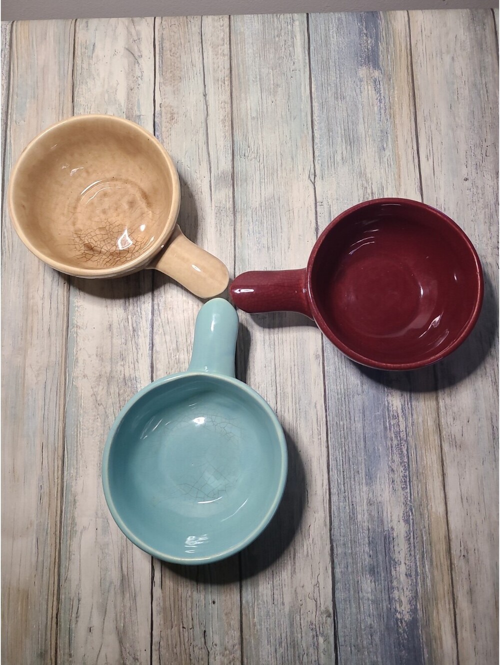 Vintage Set Of Three Soup Bowls Heinz Made By McCoy Blue, Tan, And Burgundy
